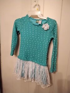 Dollie And Me Girls Size 8 Teal Blue Long Sleeve Polka Dot Dress Lace Overlay
