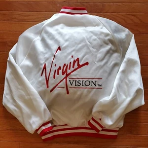 Virgin Vision Varsity White Satin Jacket, Vintage 1980s Bomber, Large 44-46 - Bild 1 von 3
