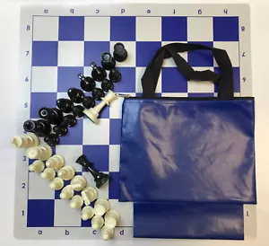 Schachset Combo: Blaue Tasche mit Schlaufe, blaues Brett und Turniergröße Schachfiguren - Bild 1 von 4