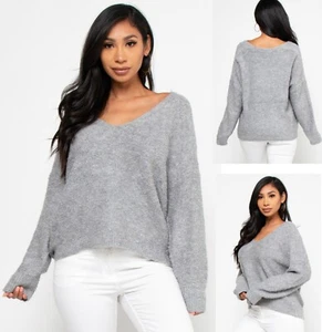 V-NECK Oversized LONG SLEEVE KNIT SWEATER Relaxed fit, S,M,L,Gray - Picture 1 of 4