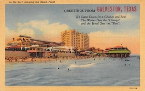 In der Brandung zeigt den Strand Gruß aus Galveston, TX 1940er Postkarte  - Bild 1 von 2