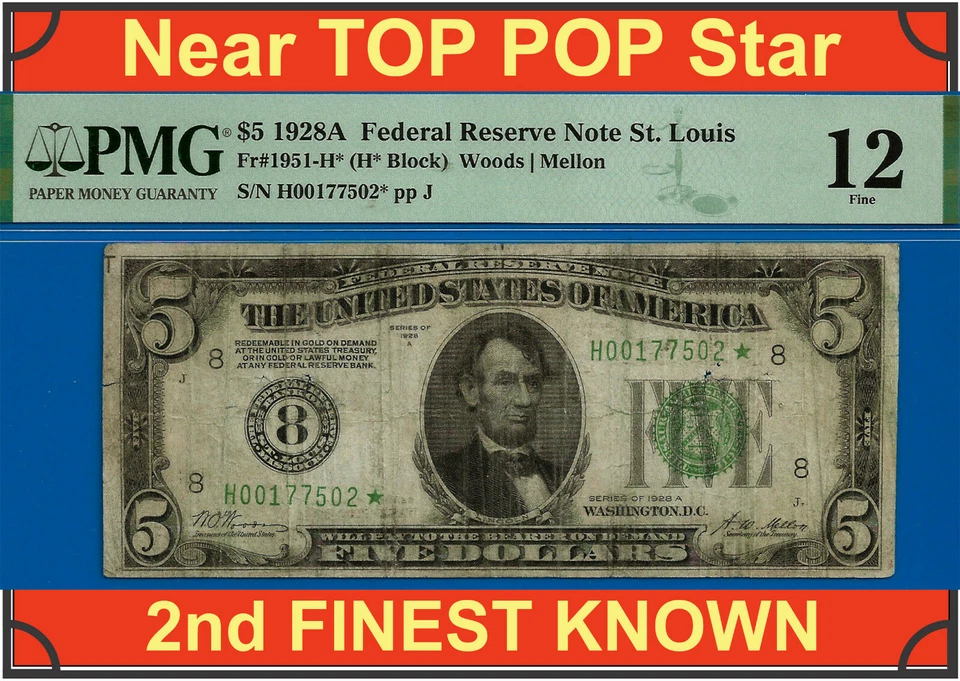 1928A $5 Federal Reserve Note PMG 12 star 2nd highest graded St. Louis star - Image 1 of 4