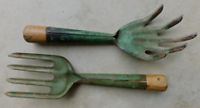2 Primitive Metal wood Garden Tools Antique Green Shabby Hand Fork Finger Claw