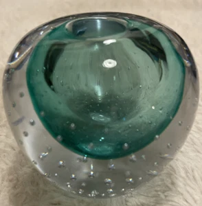 VTG Teal Blue Bud Vase Paperweight Murano Style Art Controlled Bubbles MCM - Picture 1 of 5