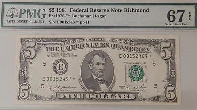 TOP POP - 1981 $5 FRN Star Note Richmond Star PMG 67 EPQ  E00152467* Fr.#1976-E* - Image 1 of 2