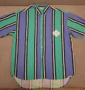 Vtg OP Ocean Pacific Button Up Shirt Colorful Striped Colorblock 80s 1988 Men L - Picture 1 of 14