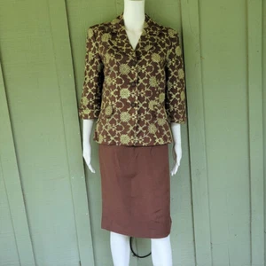 LE SUIT Brown Linen Blend Embroidered Jacket Skirt Suit 8 - Picture 1 of 6