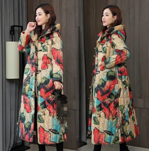 Abrigos para mujer con capucha con botones chaqueta larga estampado de algodón estilo floral chino - Imagen 1 de 11
