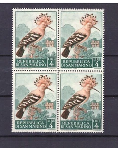 Francobolli San Marino 1960 Fauna Uccelli 4 Lire Upupa MNH QUARTINA SAS513 - Foto 1 di 1