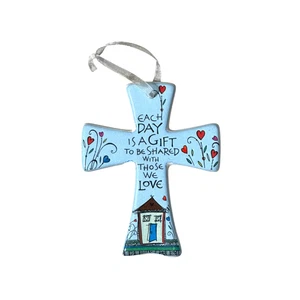 Keramik Kreuz Ornament mit Spruch, Band christliches Geschenk Wohndeko Wandbehang - Bild 1 von 5