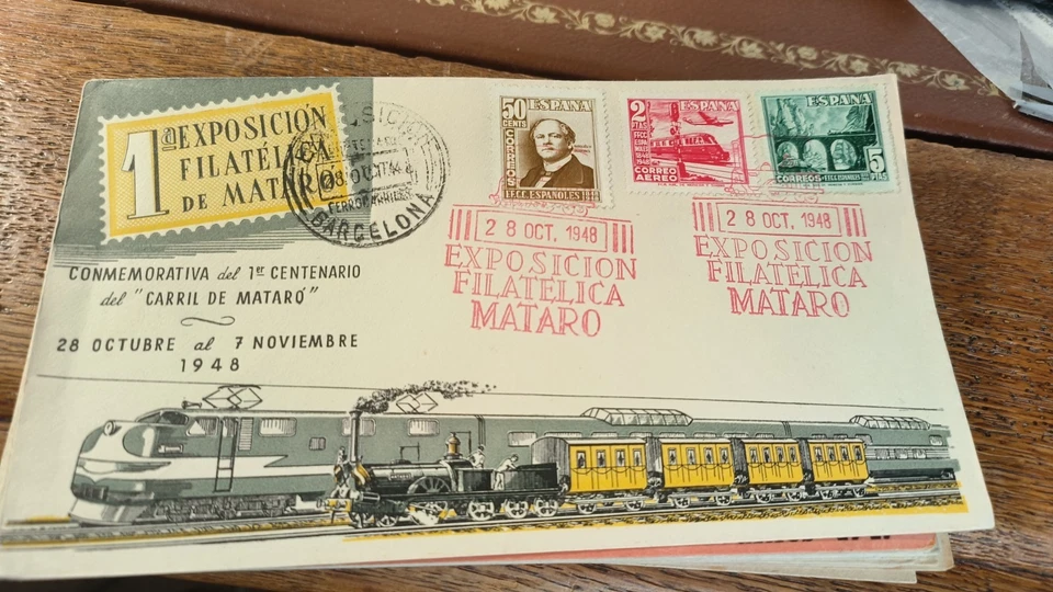 EDIFIL 1037-1039 AÑO 1948 SOBRE EXPO FILATELICA MATARO CENTENARIO DEL FERROCARRI - Imagen 1 de 1