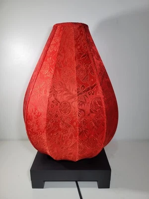Thai silk& bamboo large lamp, bedside/dining room with dimmer, red brocade  - Image 1 of 4