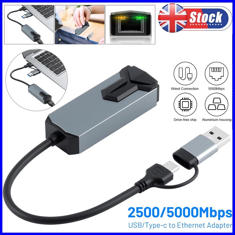 NEW USB C to Ethernet Adapter Type-C 3.1 to RJ45 Network LAN Gigabit 5G 5000Mbps - Image 1 of 4