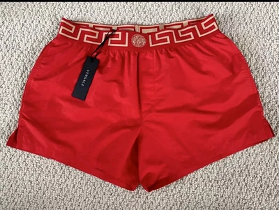 Versace Greca Border Swim Shorts Men 5 / M Red Medusa Logo Elastic Waist NWT$450 - Image 1 of 4