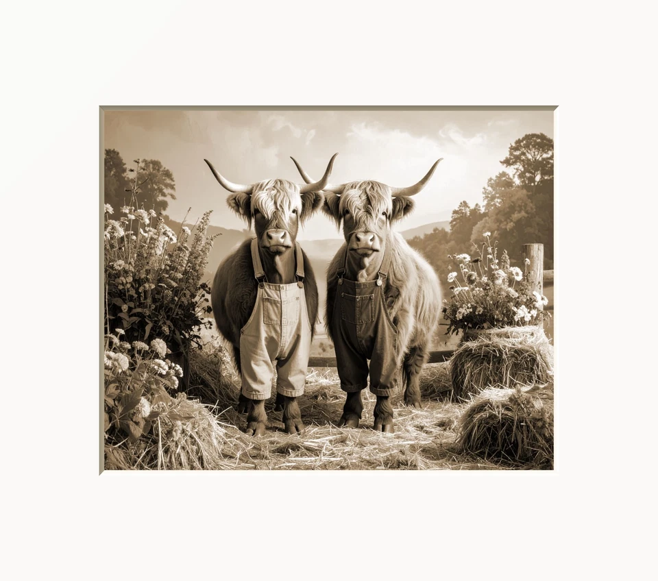 "Highland Cow Wall Art Matted Brown Beige Print Farmhouse Home Decor Print - Image 1 of 4