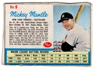 1962 POST CEREAL #5 MICKEY MANTLE BLUE BORDER HOF N.Y. YANKEES! KEINE KNICKE! - Bild 1 von 2
