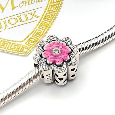 CHARM ARGENTO 925 Fiore Zircone Rosa Portafortuna  - Immagine 1 di 4