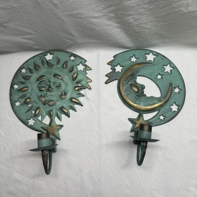 Vintage PartyLite Sun Moon Stars Wall Sconce Candle Holders Pair 1994 Metal - Image 1 of 4
