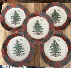 SPODE CHRISTMAS TREE TARTAN Salad or Dessert - 7.75" SET OF 5 - Picture 1 of 9