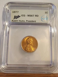 1977 Lincoln Memorial Cent ICG MS67 RD (RARE) AUSTIN HUTTO SIGNED - Picture 1 of 4