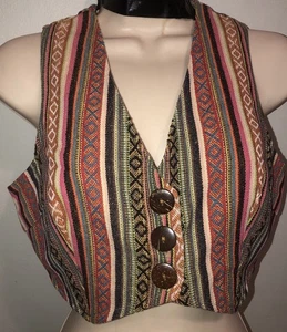 NWT Colorful Knit Striped Button Up Hippie Boho Crop Vest Top Earthbound Small - Picture 1 of 5