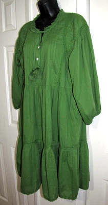 Karen Kane ярусный отверстие кружева 100% хлопок baby-doll платье зеленый Puff рукав Wm L - Изображение 1 из 4