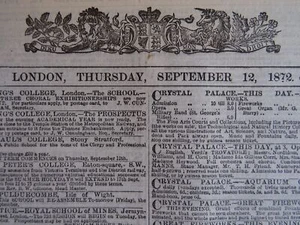 1872 THE LONDON TIMES Thursday 12th September 1872 Antique Victorian Newspaper - Picture 1 of 8
