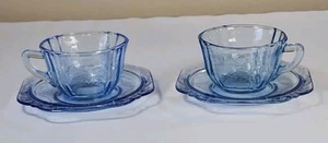 Blue Depression Glas Madrid 2er Set Tasse & Untertasse Indiana Glas Federal Vintage - Bild 1 von 12