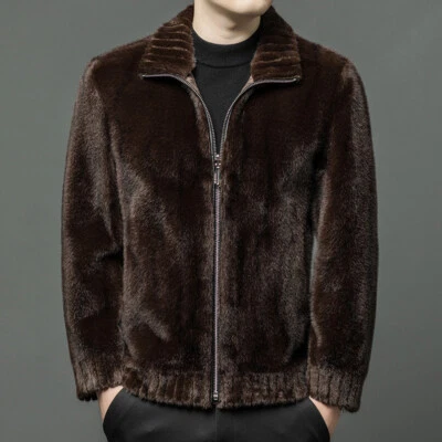 Mink Fur Reversible Men's Leather Winter Stand Collar Overcoats Business Casual - Image 1 of 4