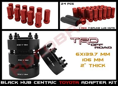 4 Pc Toyota 2" Hub Centric Wheel Spacers + 24 Pc 12x1.5 Red Spline Lug Nuts Kit - Image 1 of 4