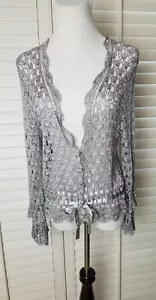 Metallic Thread Crochet💕Cardigan Lace Mesh Shrug Embroidery Satin Ribbon EUC - Picture 1 of 15