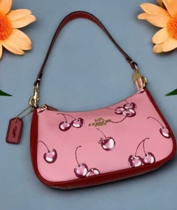 COACH CR290 2way Shoulder Bag Hand Bag Canvas Leather Cherry Print Pink Outlet - Picture 1 of 8