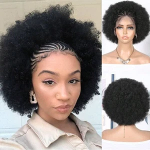 Black Short Braid 13x4 Lace Front Wig Kinky Curly Human Hair Wig - Picture 1 of 8