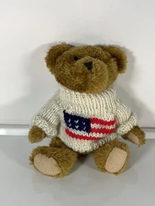 Vintage Teddybär mit Gelenken braun Plüsch USA amerikanische Flagge cremefarben Strickpullover - Bild 1 von 6