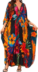 Kaftan Dresses for Women, V Neck Moo Moos Colorful Print Cover Ups Caftan Beach - Picture 1 of 12
