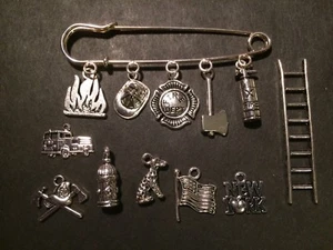 Custom Made Kilt Pin Brooch 5 Silver Charms FIRE DEPT FIREFIGHTER AXE HYDRANT - Picture 1 of 9