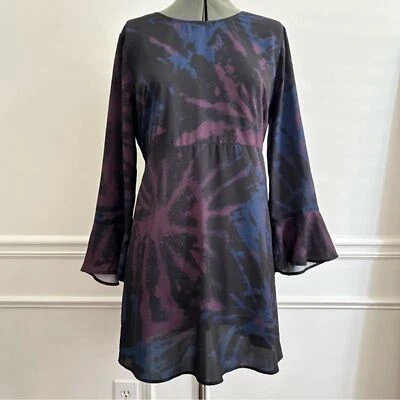 NWT ModCloth Flare Long Sleeve Sheath Dress in Tie Dye Black Blue Purple - Large - Image 1 of 4