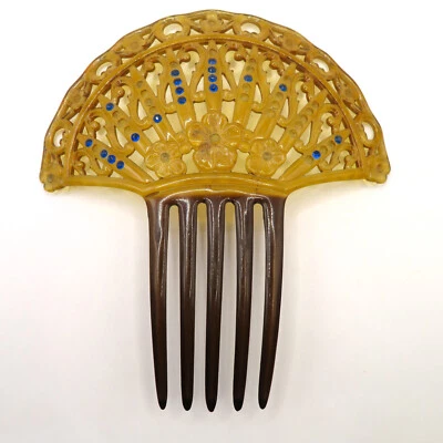 ENORME Ventilador de Pente de Cabelo Celulóide Antigo Vitoriano AZUL Strass FLORAL #5 - Imagem 1 de 4