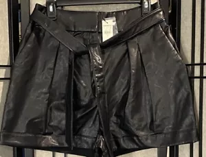 Express Women's Black High Waisted Faux Leather Belted Paperbag Shorts Size 12 - Picture 1 of 9