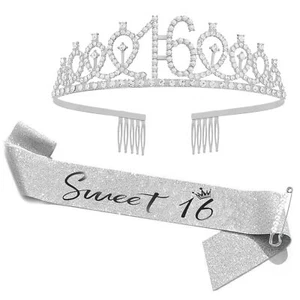 16th Birthday Sash & Rhinestone Tiara Set 16 Year Old Birthday Gifts for Her ... - Picture 1 of 6