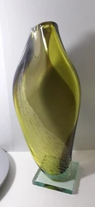 Art Glass Studio Gallery Vase Olive Green Melted Twisted Sommerso Mounted Base - Foto 1 di 24