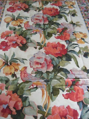 Antique 19C beautiful French exotic printed botanical w birds fabric satin mate - Image 1 of 4