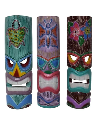 3PC HANDMADE TIKI MASK FLOWER BUTTERFLY TURTLE HAWAII POLYNESIAN WALL TROPICAL - Image 1 of 2