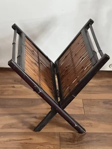 Vintage Brown Wood Bamboo Rattan Wicker Magazine Album Folding Stand Rack Holder - Picture 1 of 7