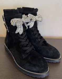 Kurt Geiger Sutton Bow Rhinestone Embellished Suede Combat Boot Black  38.5/8 - Picture 1 of 11
