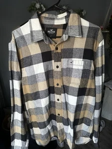 Hollister Men’s Plaid Flannel Shirt Size Large Black/Gray/Tan/White - Picture 1 of 4