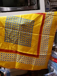 Vintage 26" Ashear Silk Scarf Hand Rolled Italy Yellow Gold Red Blue Geometric - Picture 1 of 11