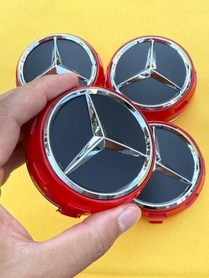 Set of 4 Mercedes Benz Matte Black/Red outlined Center Caps 2.95 Inch/75mm - Image 1 of 4