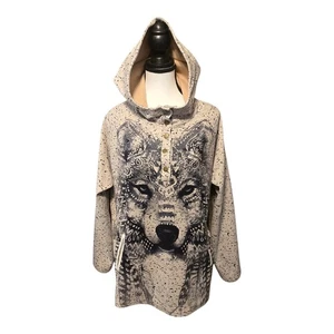 Wolf Graphic Tribal Womens Hoodie Sweatshirt Large Pullover Raglan Sleeve Casual - Picture 1 of 12