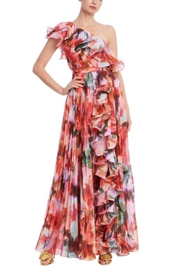 Badgley Mischka Floral One-Shoulder Ruffle Gown $990 Red Prom Gala Oscar sz 4 - Image 1 of 3